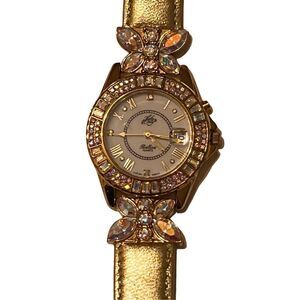 Vtg Kirks Folly Brilliant Gold Tone Genuine Leather AB Rhinestone Wristwatch